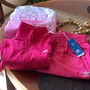 New 2 pc M adidas original track suit set jacket joggers pants matching set pink